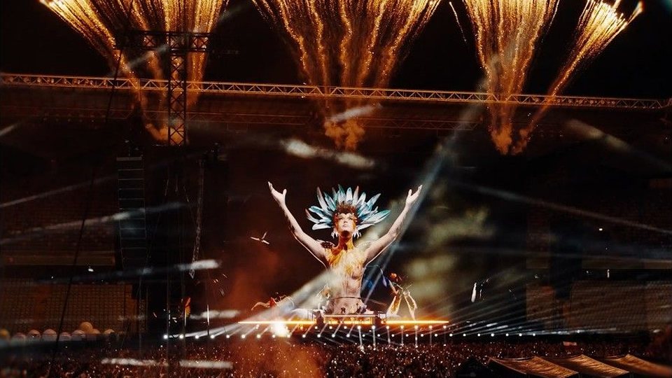 Upperground Warsaw 2026 aftermovie thumbnail: fireworks over the main stage at the stadium